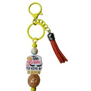 Sassy Yellow Beaded Keychain – “Too Glam to Give a Damn” with Peach Tassel, 6”